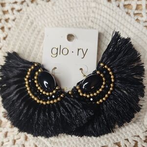 Glory Statement Earrings, Black and Gold Fringe Earrings, New